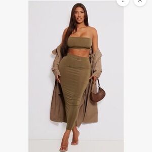 Olive Green Slinky Midi Skirt and Bandeau Top